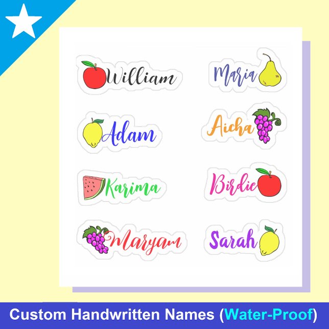 Autocollants de noms manuscrits imperméables et mi (Personalized Cute Kawaii Fruit Name Stickers for kids)