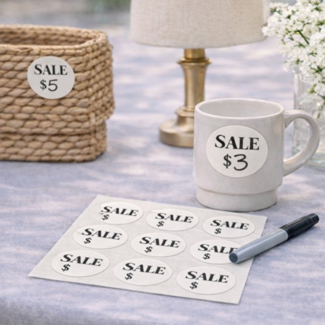 Autocollants de prix pour vente de garage | Étique (Make pricing your items fast, clean, and organized with these minimalist garage sale price stickers.)