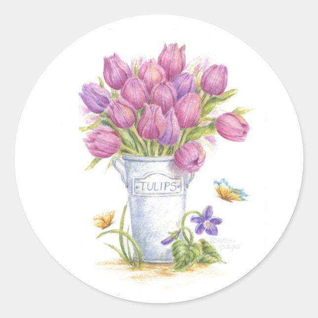 Autocollants de seau de tulipes de printemps (Devant)