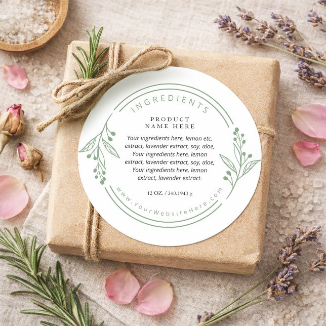 Autocollants d'étiquette d'ingrédients de Couronne (Green Botanical Wreath Ingredients Label Stickers)