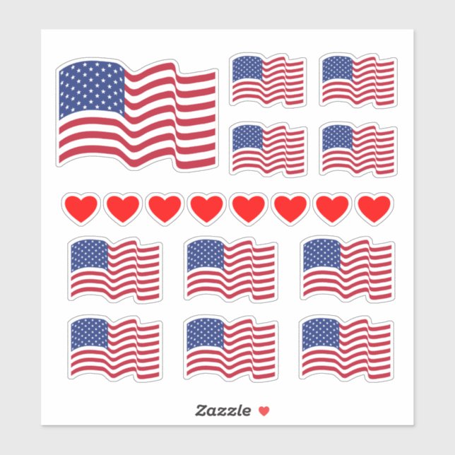 Autocollants Drapeaux américains et Cœurs  (Feuille)