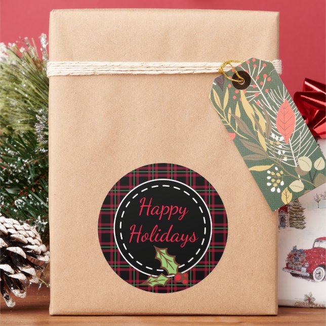 Autocollants Fêtes Joyeuses Plaid Rouge avec Houx (vacances)