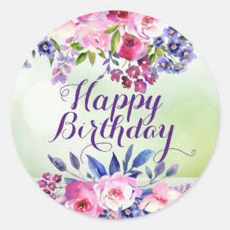 Autocollants Joyeux Anniversaire Fleurs Aquarelle