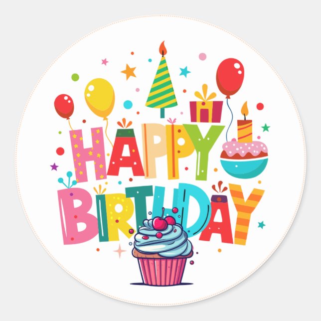 Autocollants Joyeux Anniversaire, Forme Ronde (Devant)
