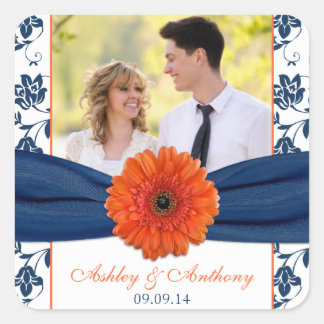 Autocollants Mariage damassé de la marine Orange G