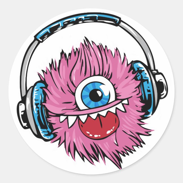 Autocollants Monstre de musique rose avec casque (Devant)