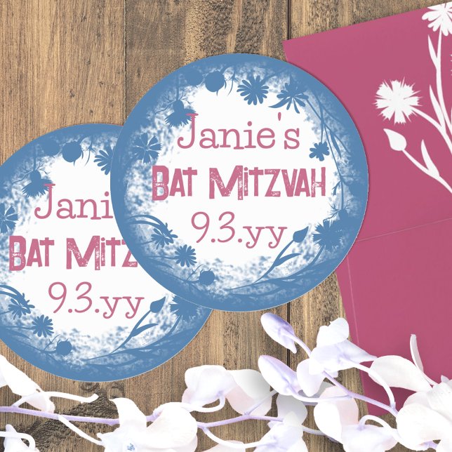 Autocollants Personnalisés Fleuris Rose Bleu pour  (round blue and pink vintage bat mitzvah party favor stickers personalized labels girls birthday)