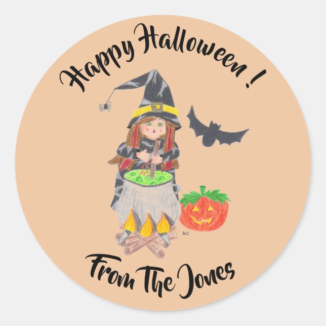 Autocollants personnalisés sorcière Joyeux Hallowe (Devant)