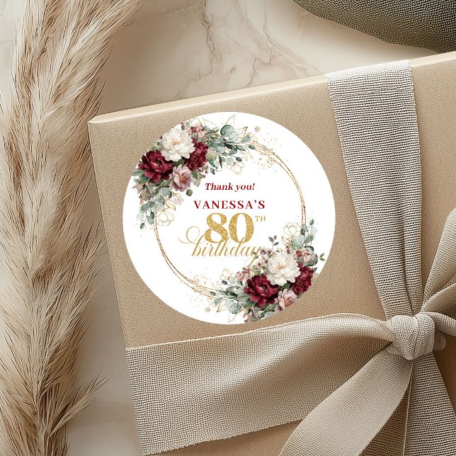 Autocollants pour 80e anniversaire Burgundy Blush  (Premium Blush Burgundy 80th Birthday Stickers)