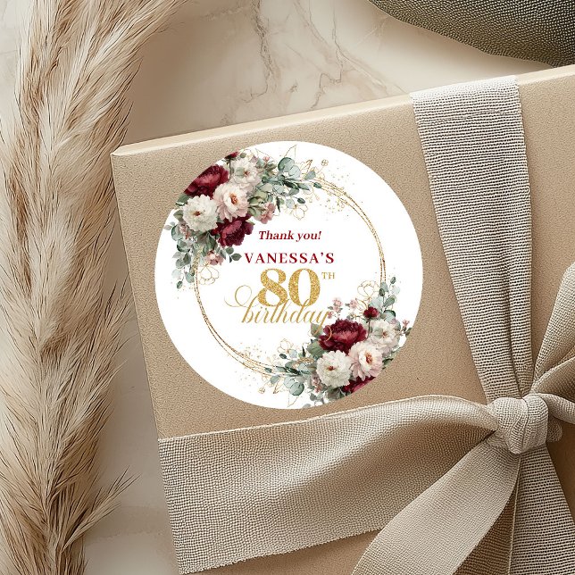 Autocollants pour 80e anniversaire Burgundy Rouge  (Deep Red Blush Burgundy 80th Birthday Stickers)