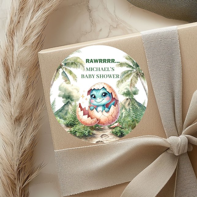 Autocollants pour Baby Shower Bébé à Naître Thème  (Hatching Soon Baby Shower Stickers Dino Theme)