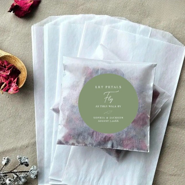 Autocollants pour sac de pétales de mariage vert f (Wedding petal toss bag stickers bride and groom name and date)