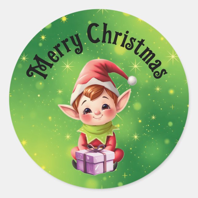 Autocollants ronds de Lutin de Noël avec fond vert (Devant)