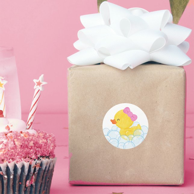 Autocollants Ronds en Aquarelle de Canard en Caout (Girl Watercolor Rubber Duck Party Stickers for Duck Birthday or Baby Shower)