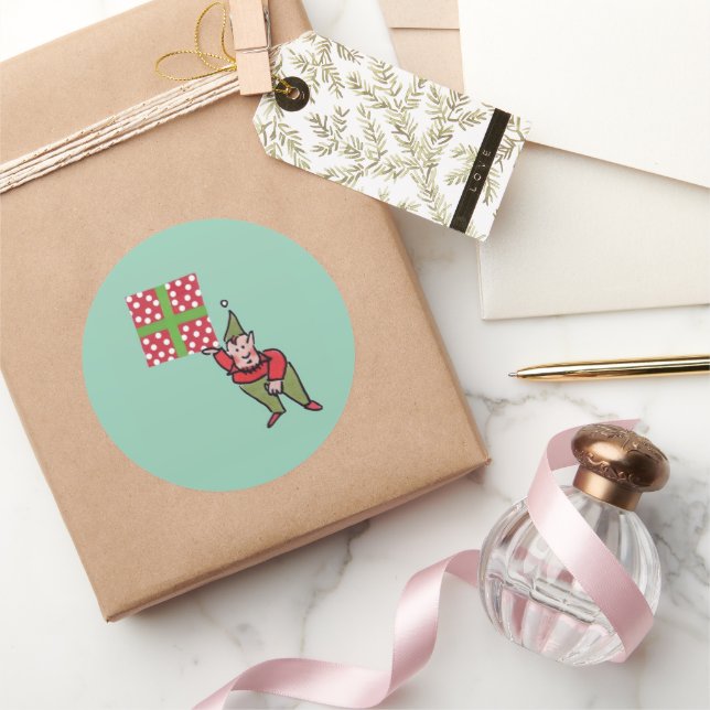 Autocollants ronds grands verts avec elfe et cadea (Cadeaux)