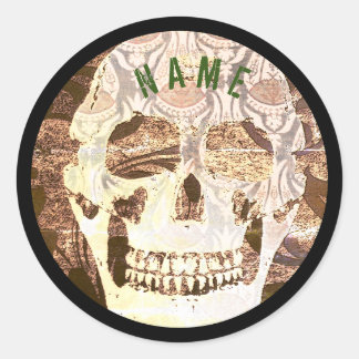 AUTOCOLLANTS RONDS GRUNGE CRÂNE NOM PERSONNALISÉ