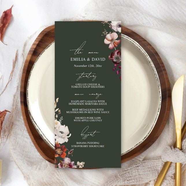 Automne Anémone Floral Dark Green Menu Mariage (Créateur téléchargé)