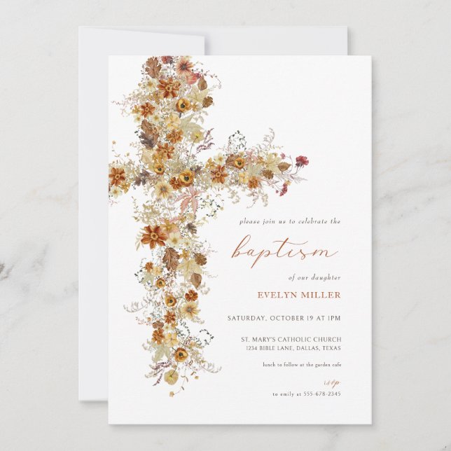 Automne Automne Floral Cross Baptism Invitation (Devant)