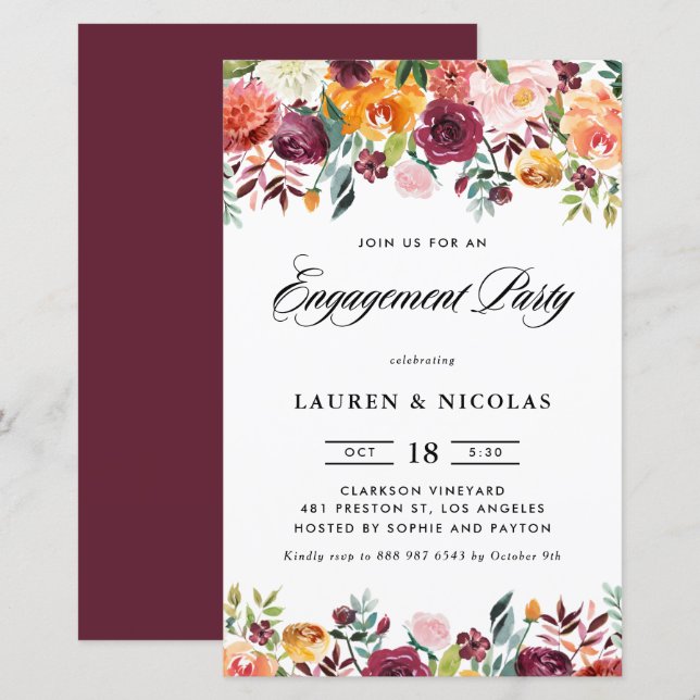 Automne Blooms Garland Engagement Party Invitation (Devant / Derrière)