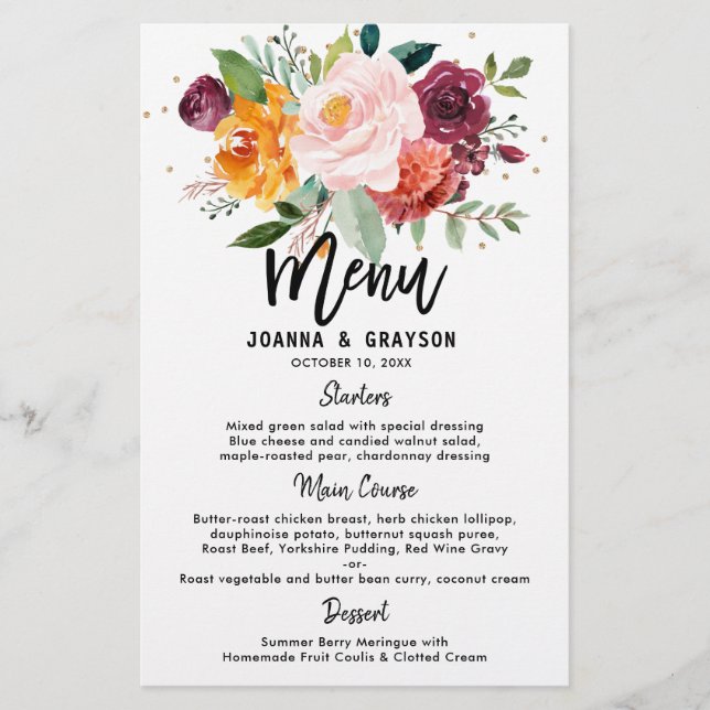 Automne Bourgogne Blush Floral Blossom menu Mariag (Devant)