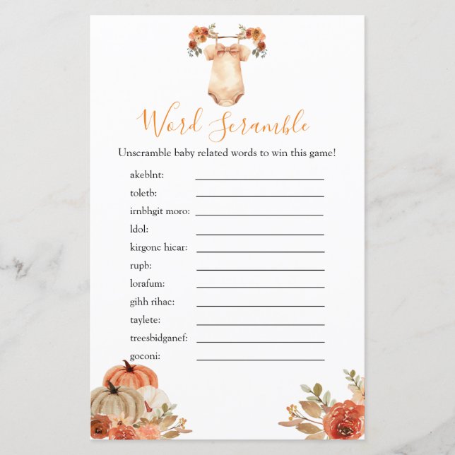 Automne Citrouille Floral Baby shower Word Scrambl (Devant)