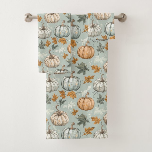 Automne Citrouille Serviette Jeu 3 Turquoise (En situation)