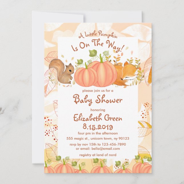 Automne Citrouille Woodland Baby Shower Invitation (Devant)