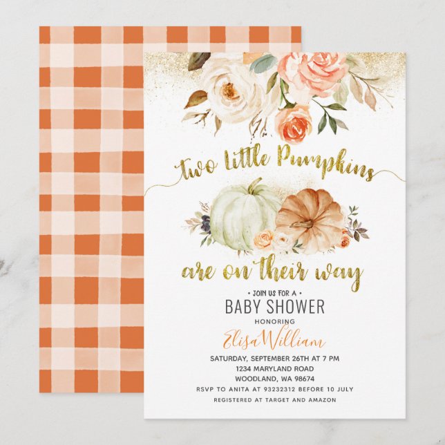 Automne Coral Florals Invitation Citrouille (Devant / Derrière)