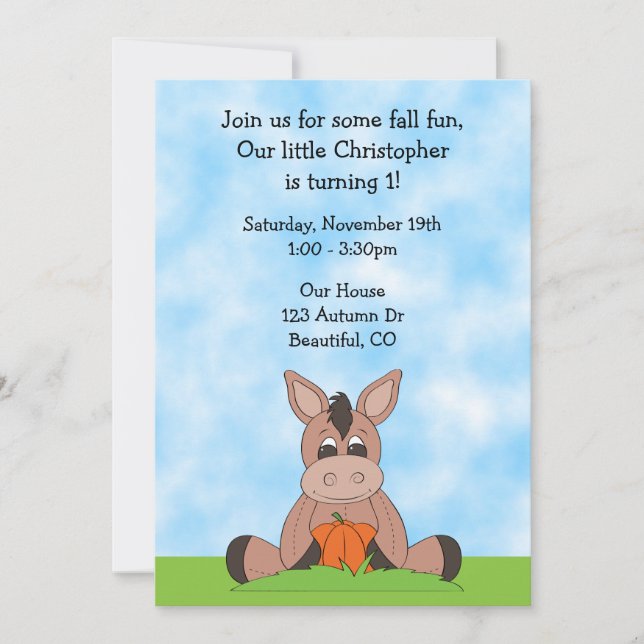 Automne Donkey 1er anniversaire Invitation (Devant)