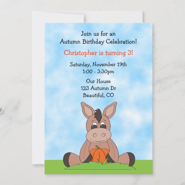 Automne Donkey Anniversaire Invitation pour garçon (Devant)