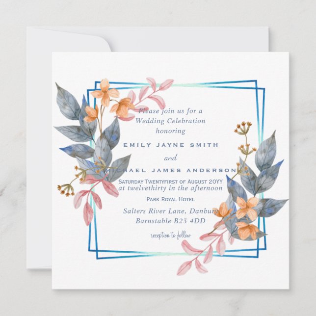 Automne Dusty Blue Orange Leaf Mariage Invite Budg (Devant)