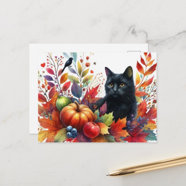 Automne Feuille orange et carte postale Chat noir (Devant/Arrière en situation)