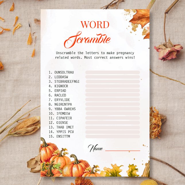 Automne Feuilles Baby shower Word Scramble Carte J (Créateur téléchargé)