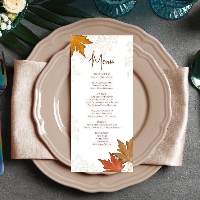 Automne Feuilles Élégant Mariage menu personnalisé (Wedding menu card with watercolor leaves.)