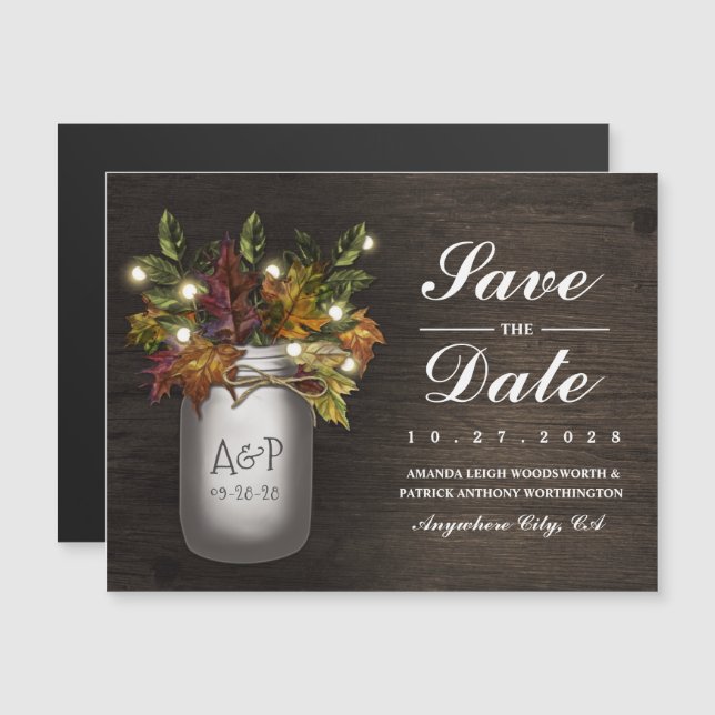 Automne Feuilles Mason Jar Magnet Réservez la date (Devant / Derrière)