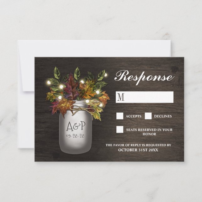 Automne Feuilles Mason Jar Mariage rustique Cartes (Devant)