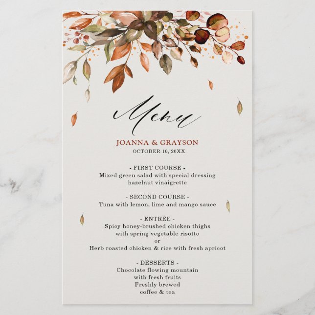 Automne Feuilles Rustique Mariage campagnard Menu (Devant)