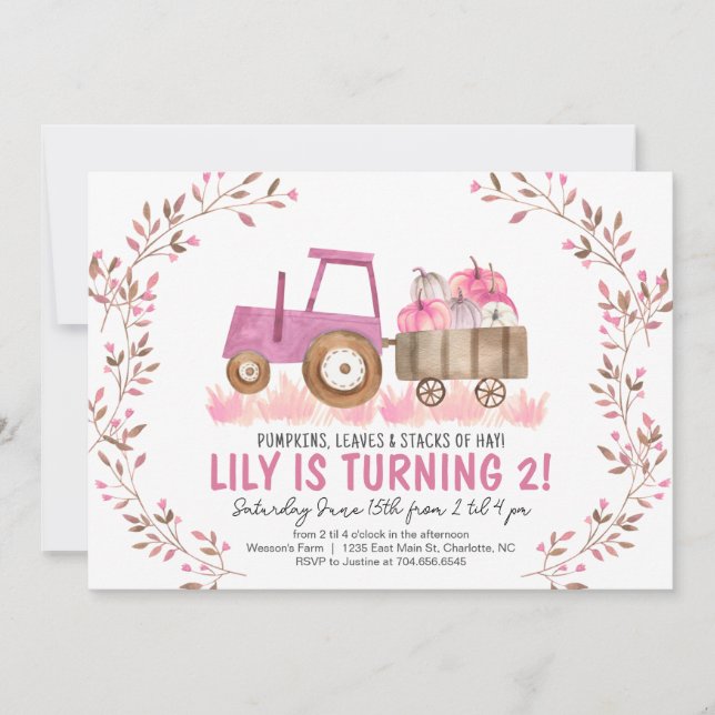 Automne Fille Tracteur Invitation Anniversaire (Devant)