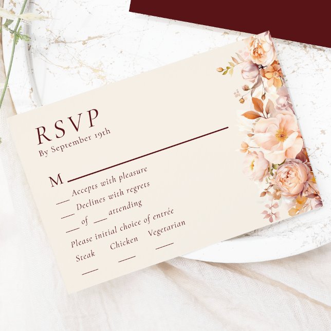 Automne Floral Bourgogne Crème Mariage Menu RSVP (Créateur téléchargé)