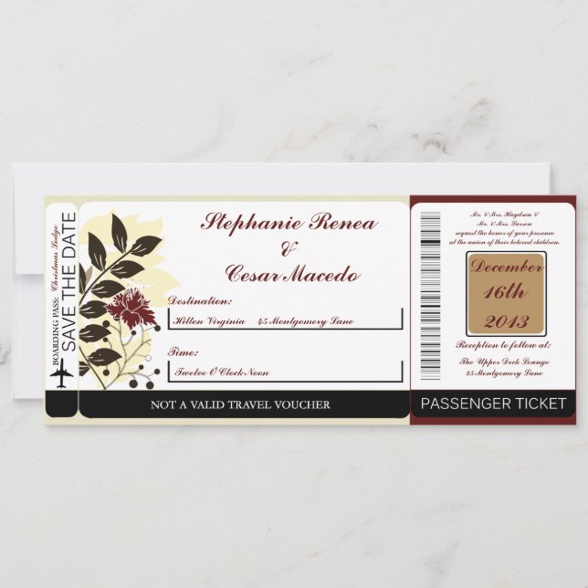 Automne Floral/Branc Boarding Pass Faire-part de m (Devant)