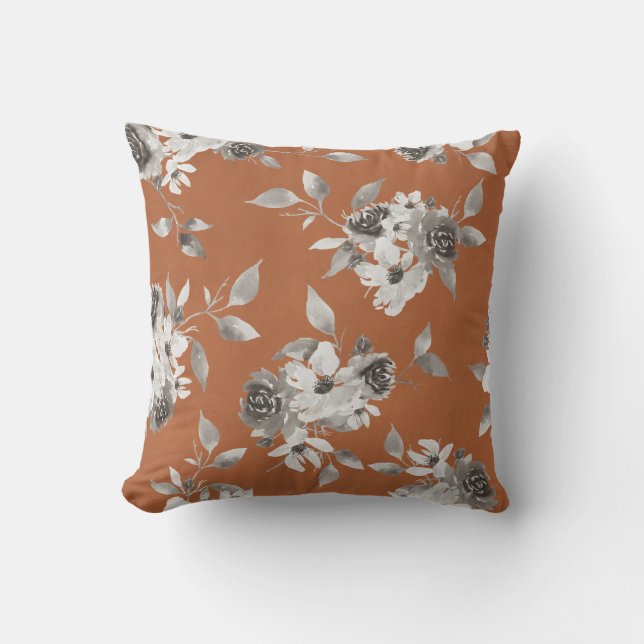Automne Floral Burnt Orange et Sepia Coussin (Recto)