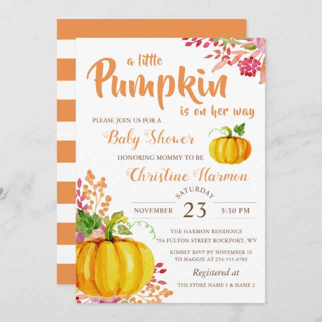 Automne Floral Little Citrouille Invitation Baby s (Devant / Derrière)