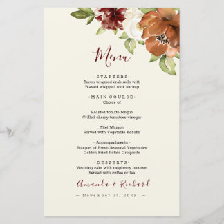 Automne Floral Maroon Menu Mariage