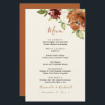 Automne Floral Orange foncé Menu Mariage<br><div class="desc">Menu Mariage Floral Orange foncé d'automne - avec écriture manuscrite orange avec aquarelle luxuriante feuilles de rose,  fleurs bordeaux et orange,  roses blanches sur l'arrière - plan vintage de couleur ivoire. Le revers de cette carte de menu automne est orange.</div>