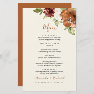 Automne Floral Orange foncé Menu Mariage