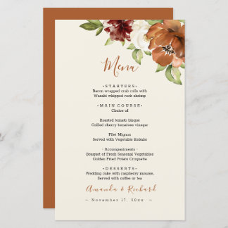 Automne Floral Orange foncé Menu Mariage