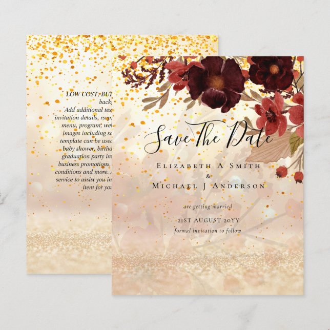 Automne Floral SAVE DATES Terracotta Bourgogne Rou (Devant / Derrière)