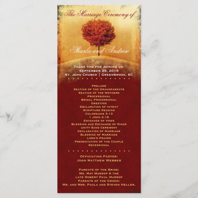 Automne Glory Red Tree Wedding Programme (Devant)