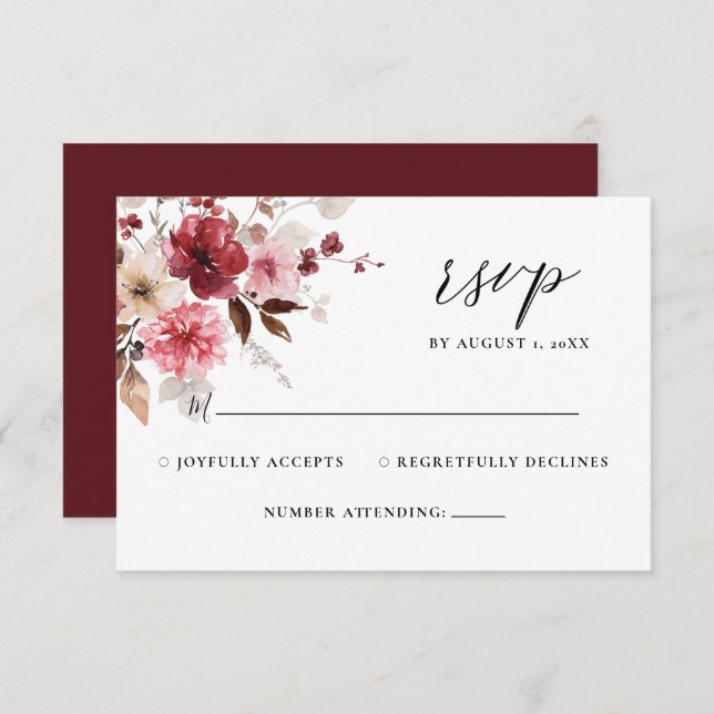 Automne Maroon Blush Rustic Floral Wedding RSVP (Devant / Derrière)