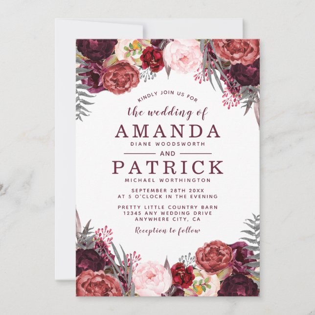 Automne Marsala Blush Peony Mariage Invitations (Devant)